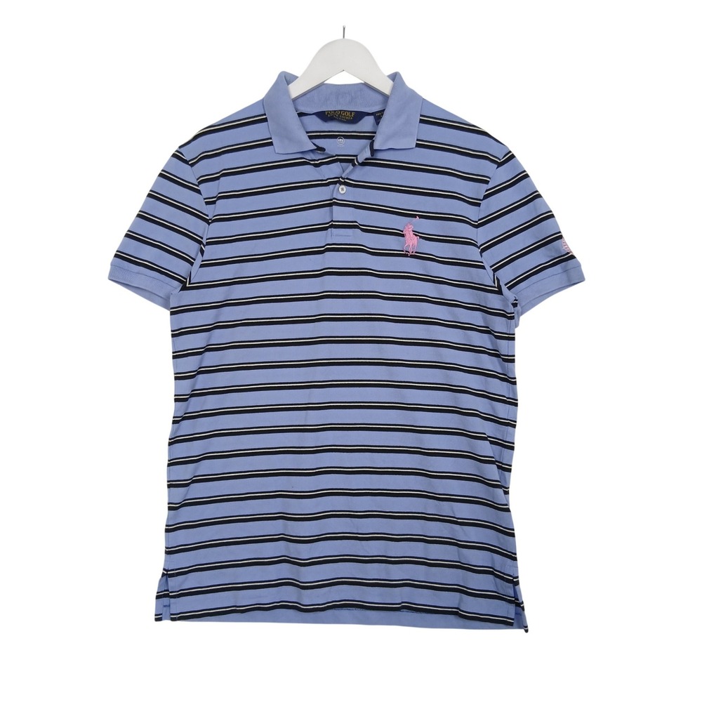 Polo Golf Ralph Lauren Mens Blue Striped Short Sleeve Polo Shirt Pink Pony Logo